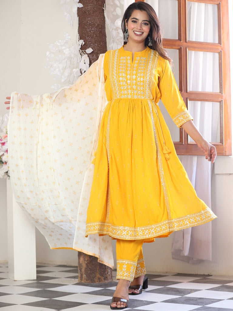 Women's Ethnic Motifs Embroidered Empire Kurta With Palazzos & Dupatta