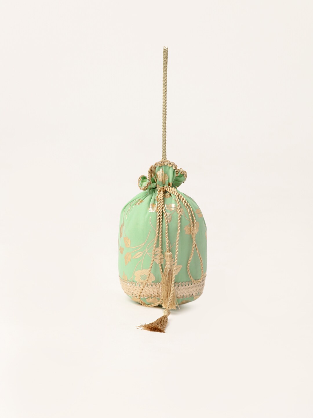 Women's Sea Green Gold Foil Print Kurta With Potli Bag - Aks