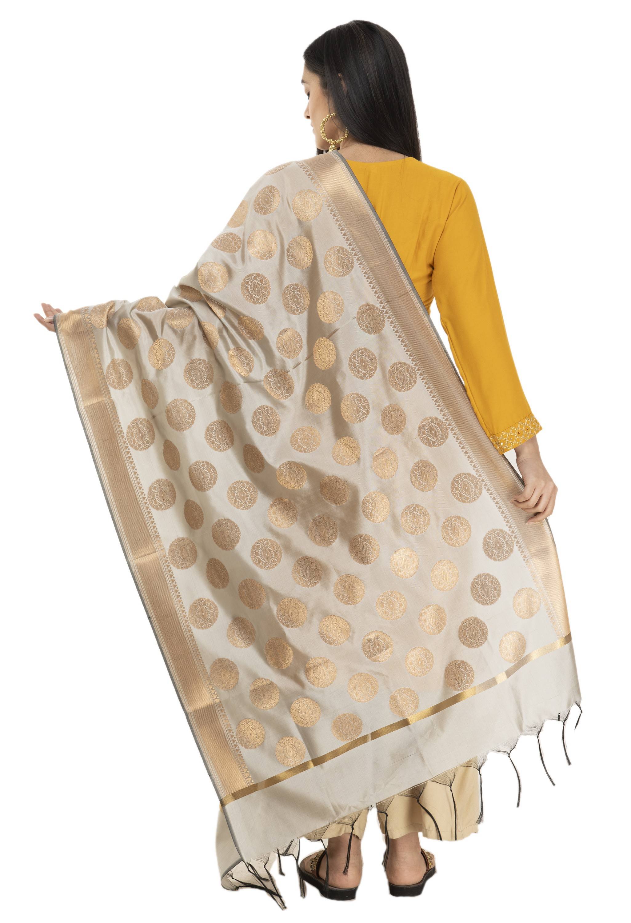 A R Silk Women's Tapeta Silk Zari Work Silver Grey Banarsi Silk Dupatta ARS0403