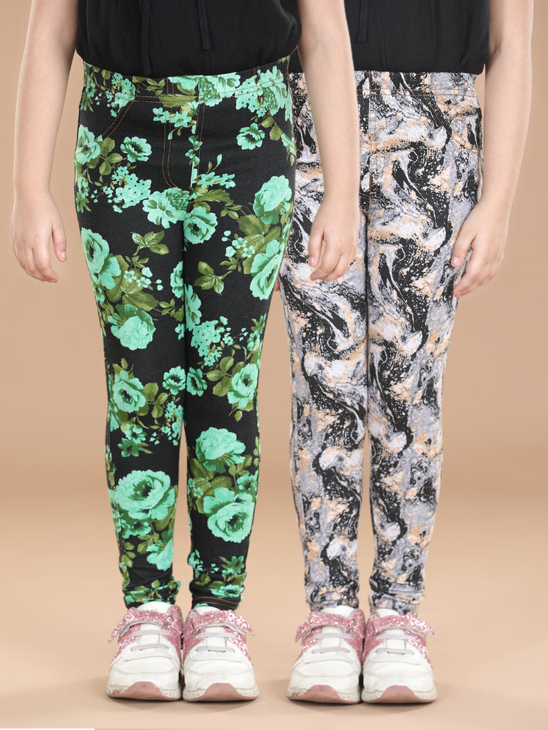 Girl's  Cotton Floral Printed Pack Of 2 Jeggings - S