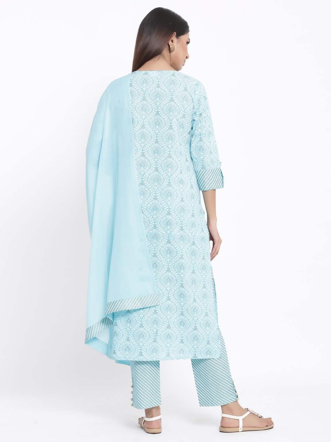 Women's Printed Cotton Fabric Kurta, Palazzo & Dupatta Set Sky Blue Color - Kipek