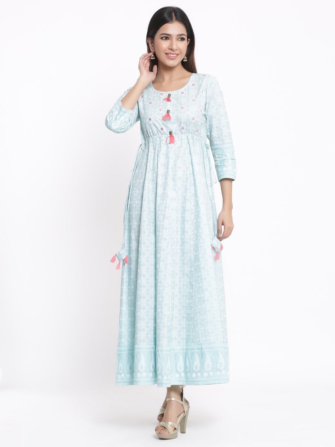 Women's Light Blue Printed Anarkali Kurta Dress by Kipek- (1pc set)