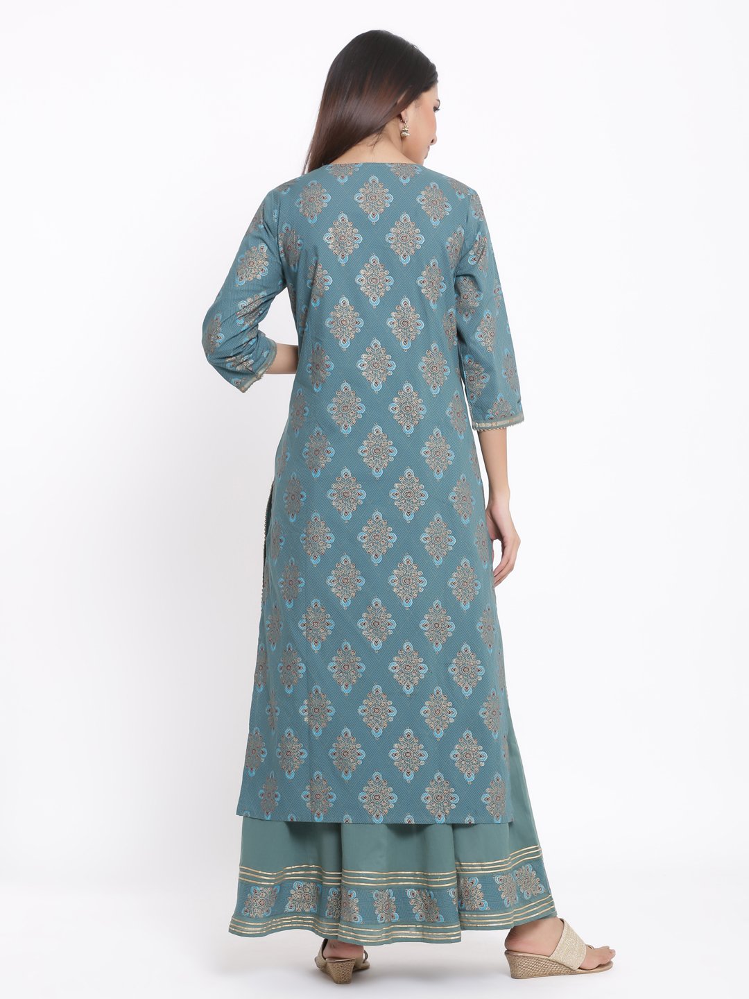 Women's Printed Blue Cotton Kurta with Skirt Set by Kipek (2 Pc Set)