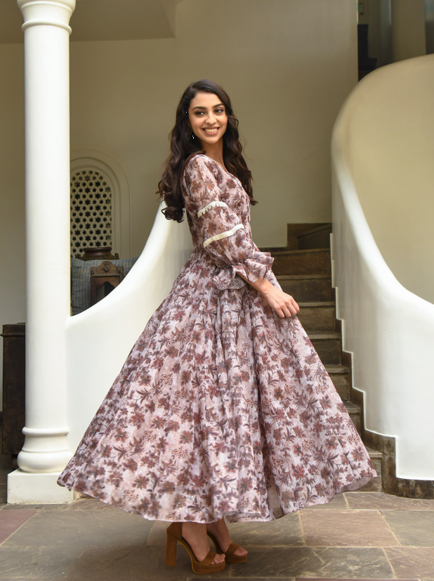 Women's Chanderi Pintex Printed Gown (1Pc) - Saras The Label
