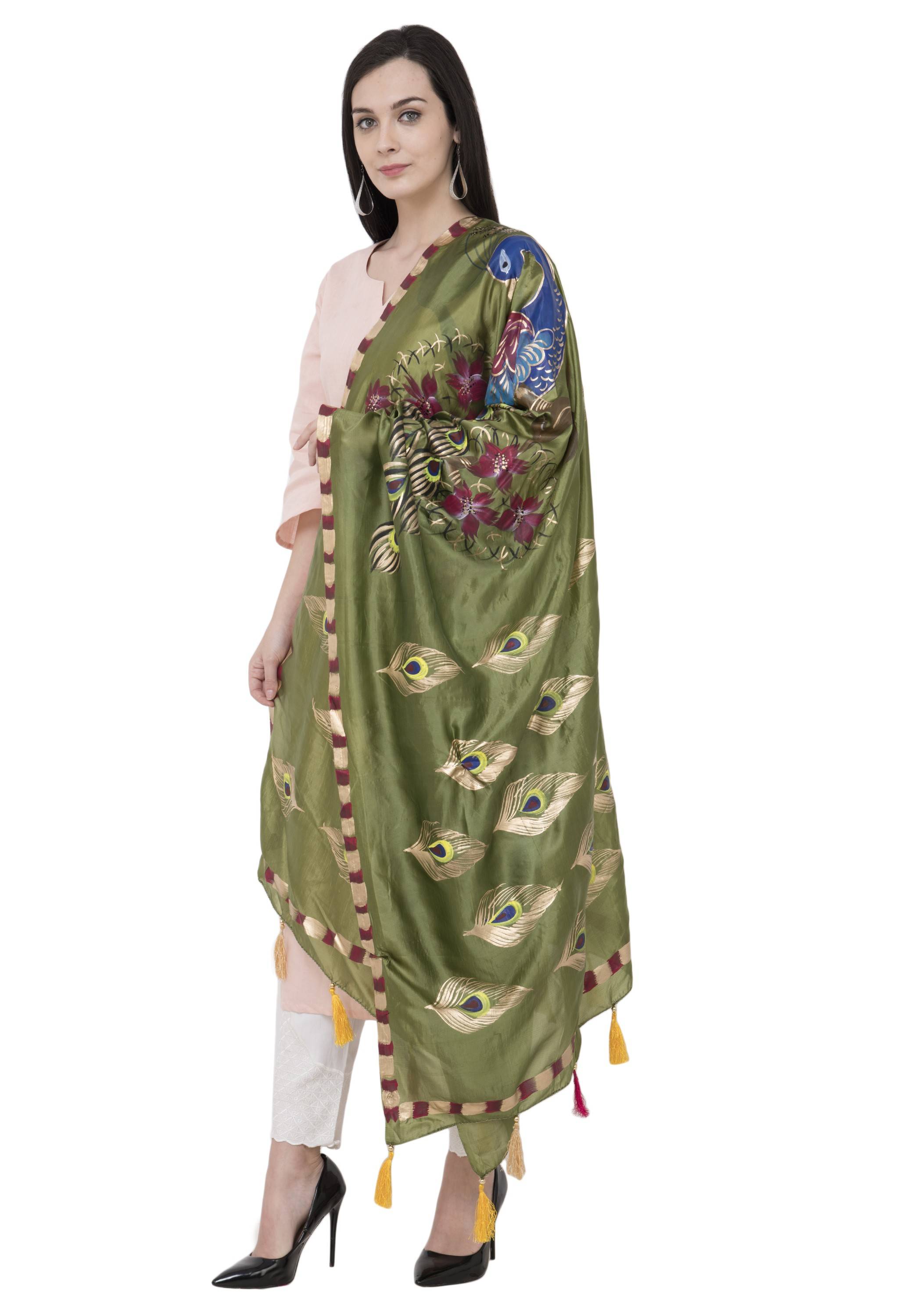 A R Silk Silk Peacock Multi Fancy Dupatta Color Mehendi Green Dupatta or Chunni