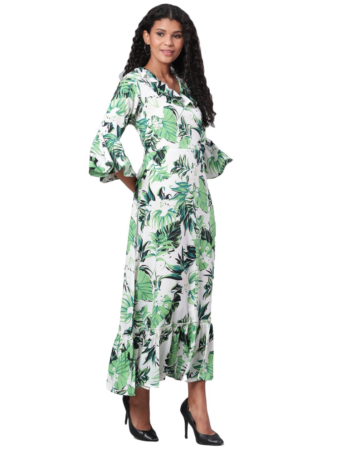 Women's Green Printed 3/4 Sleeve Polyester V Neck Casual Kurta Only - Myshka
