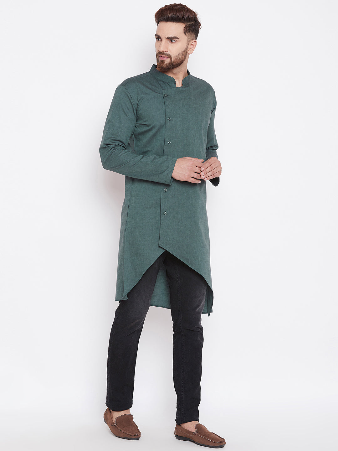 Men's Green Asymmetrical Solid Kurta