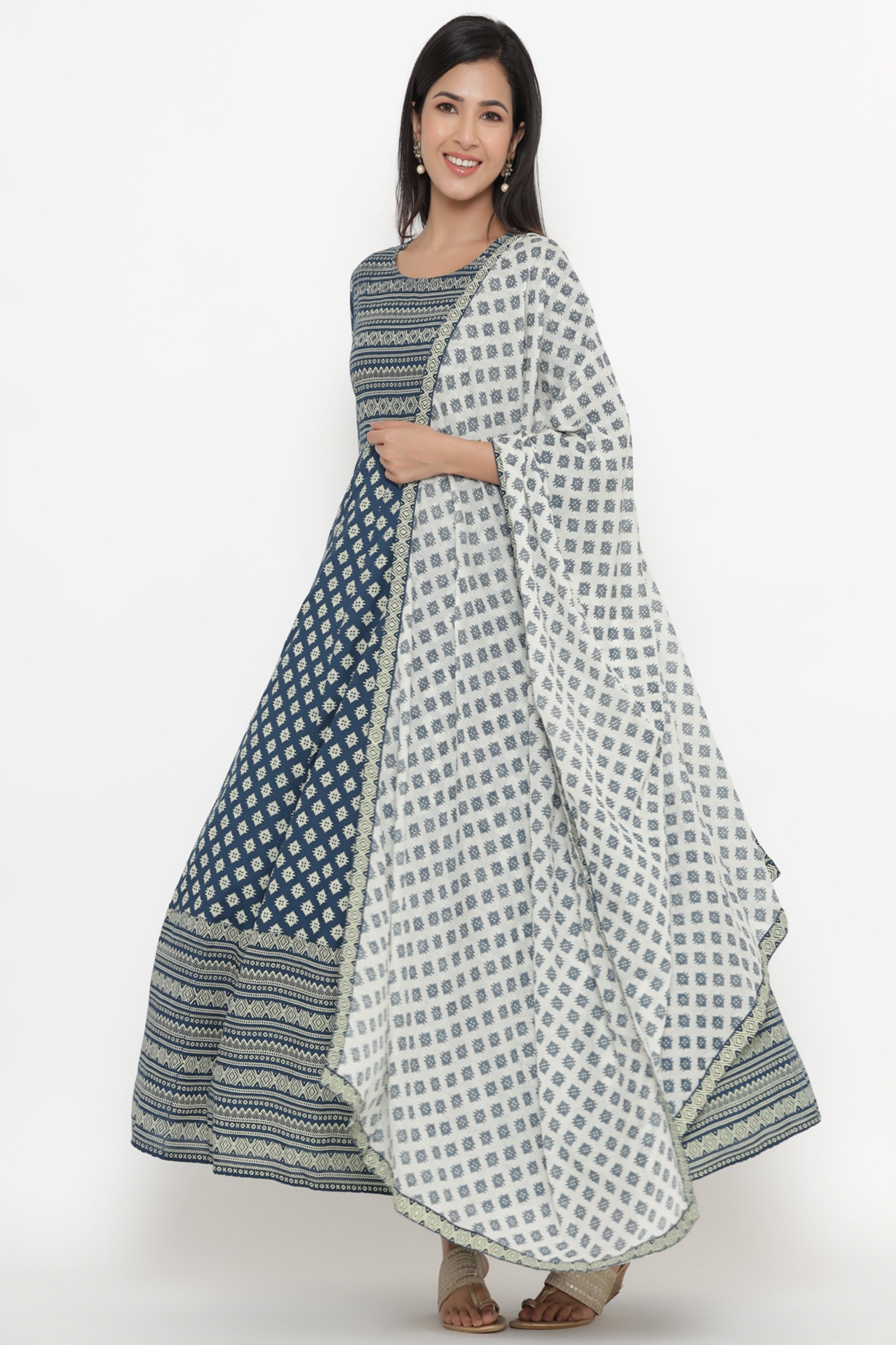Women's Self Desgin Rayon Fabric Anarkali & Dupatta Teal Color - Kipek