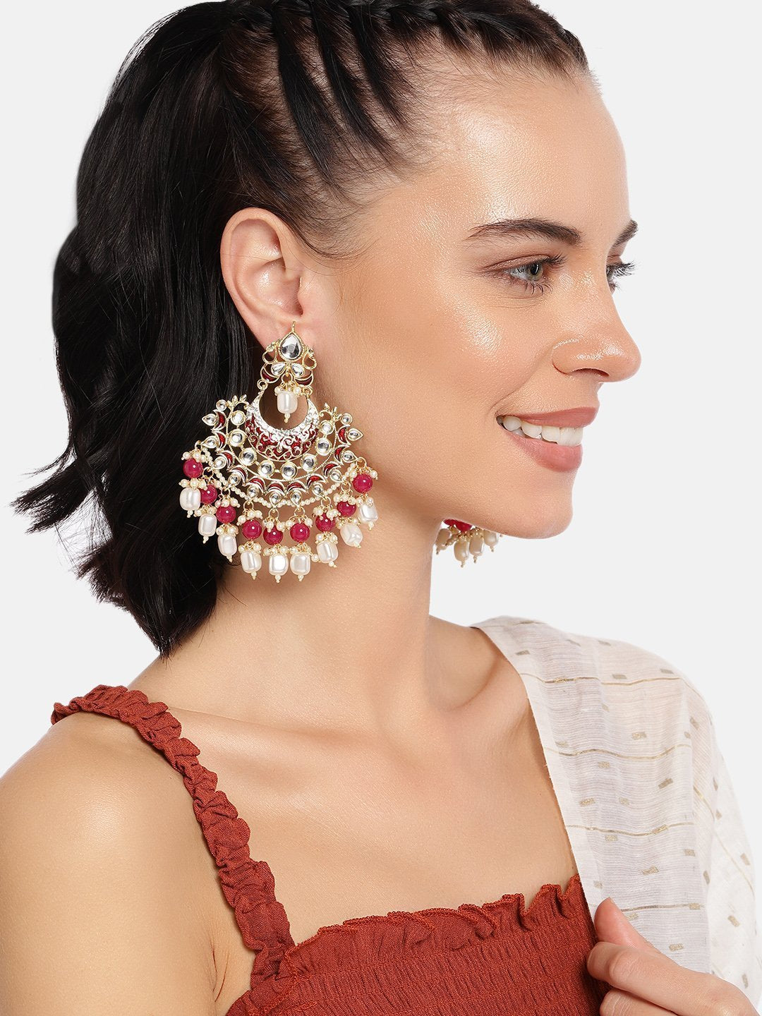 Women's  Gold Plated Red Enamel Glided With Kundans And Pearls Traditional Earrings  - i jewels