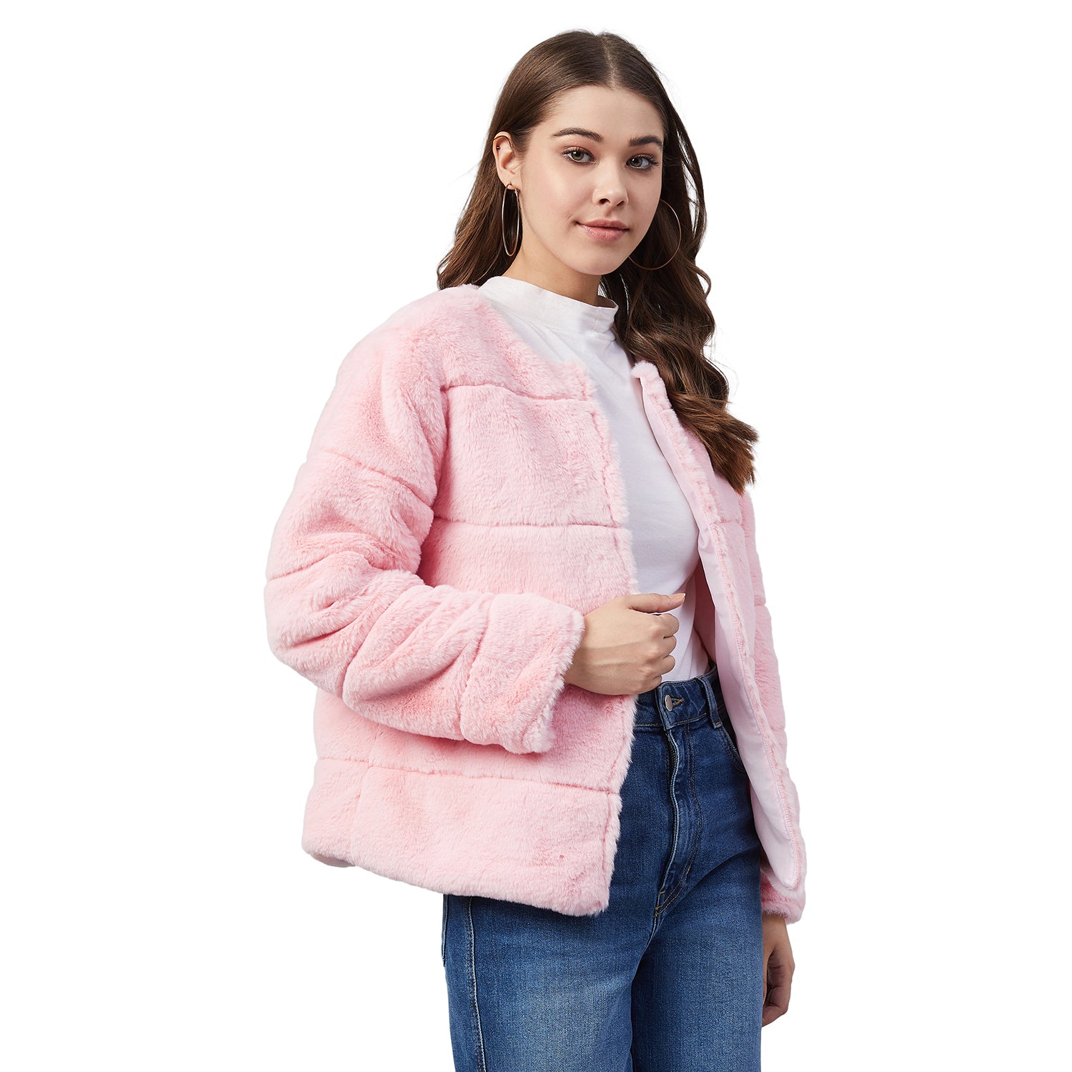 Women's Pink Faux Fur Open Jacket - StyleStone