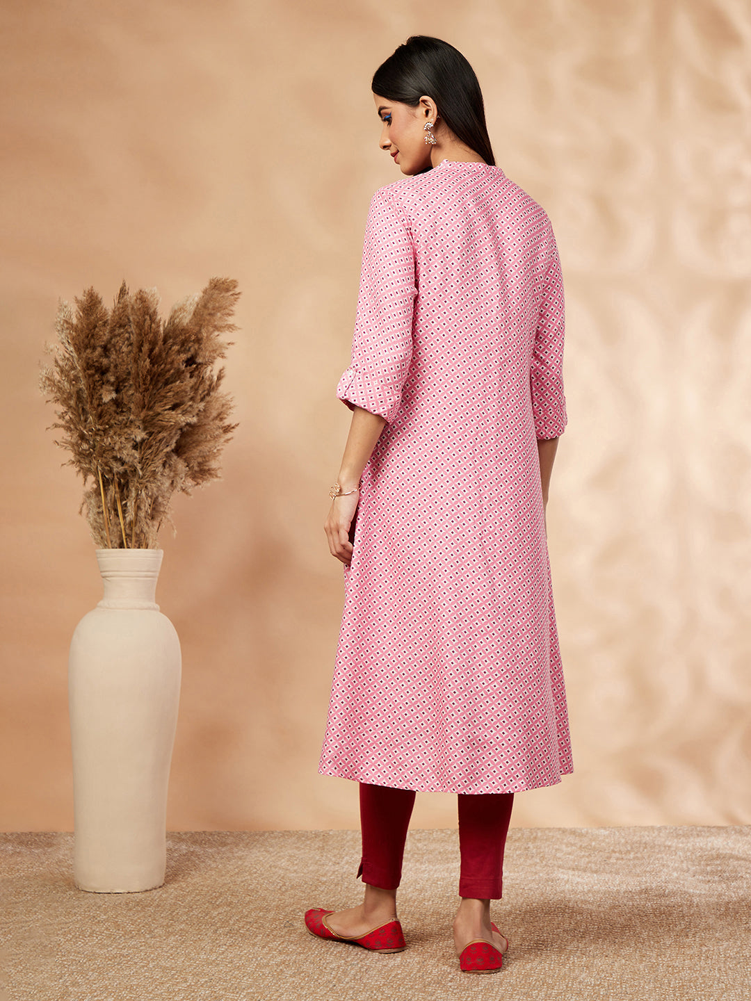 Women's Pink Print Sleeves A-Line Kurta - IMARA