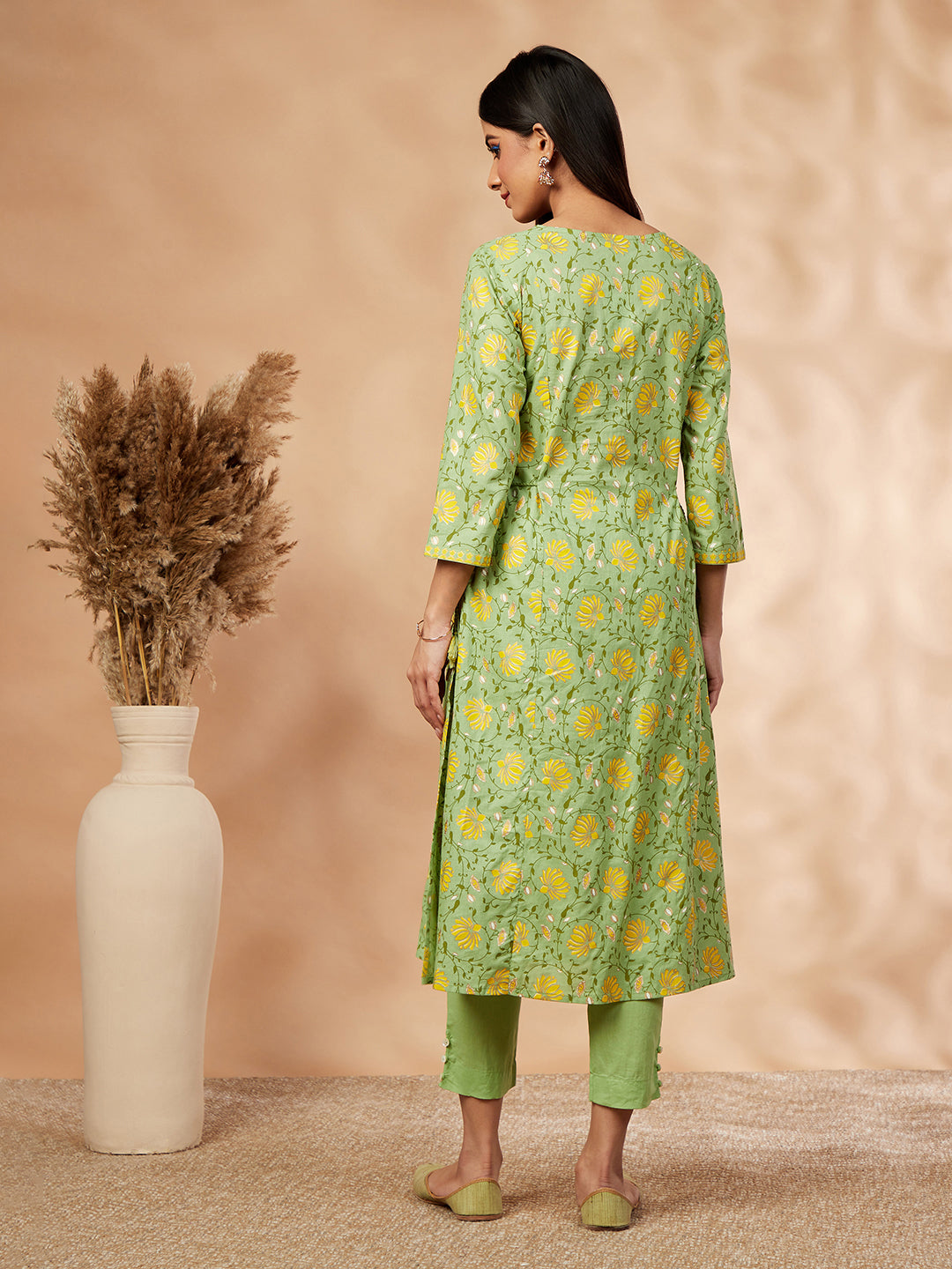 Women's Lime Green Floral Print A-Line Kurta - IMARA