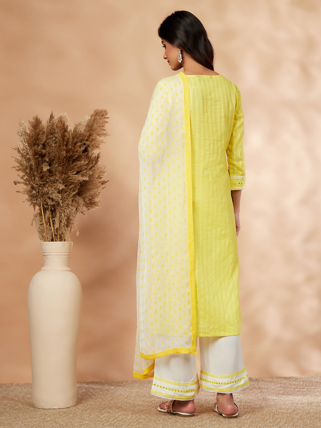 Women's Yellow Embroidered Kurta Set - IMARA