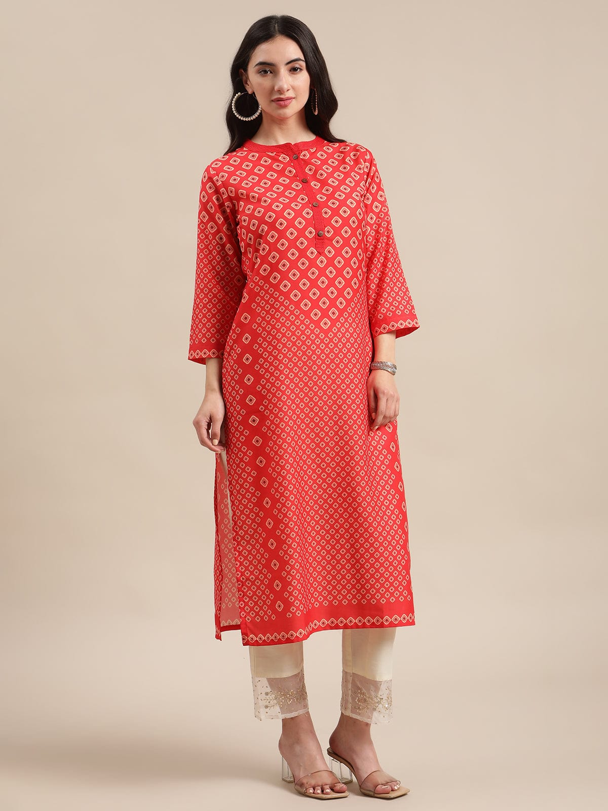 Women's Red And Cream Bandhej Printed Straight Kurta With 3/4Th Sleeves - Varanga