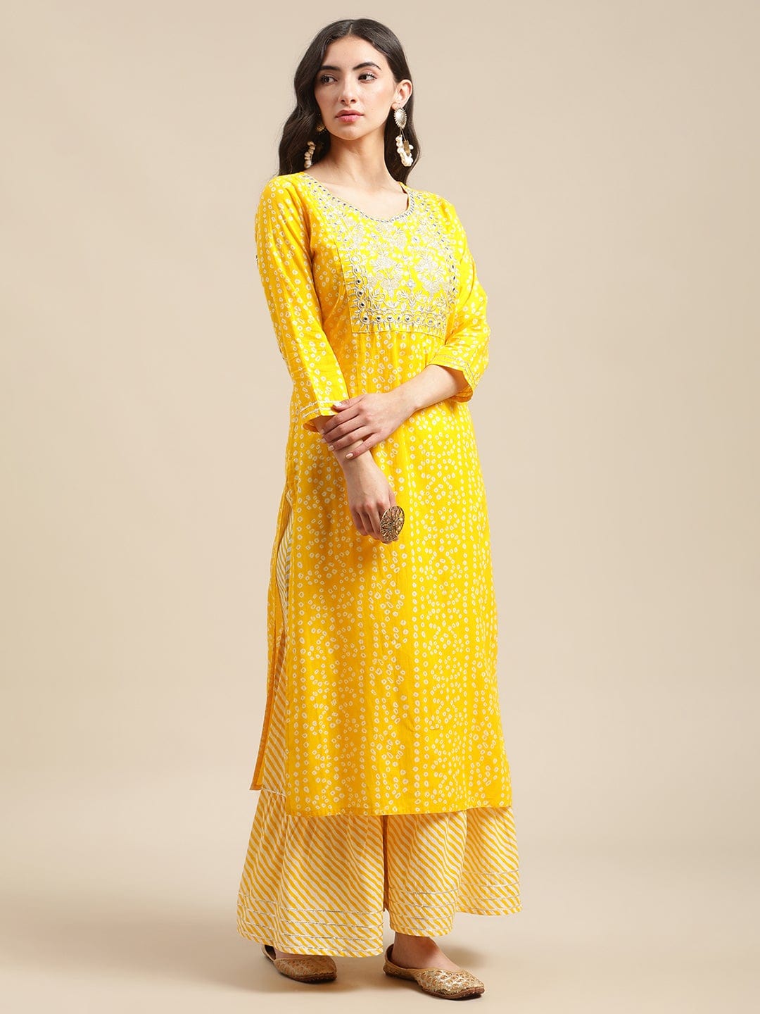 Women's Yellow And White Zari Embroidery Leheriya Kurta Sharara Set With Leheriya Dupatta. - Varanga