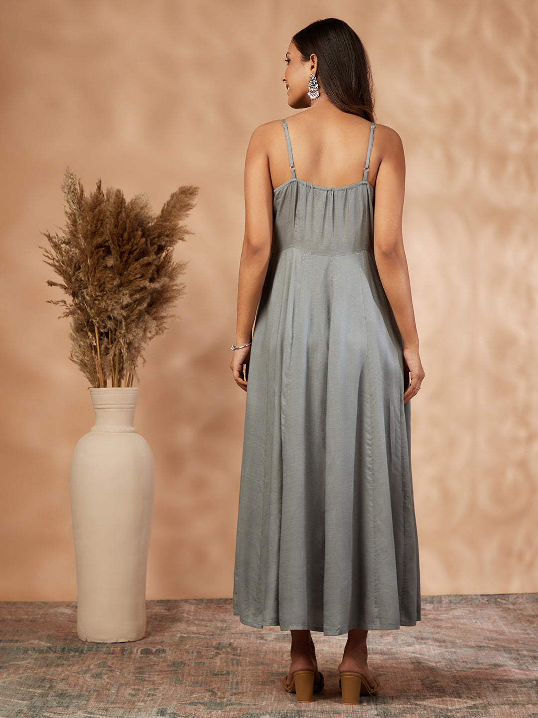 Women's Grey Embellished Flared Dress - IMARA