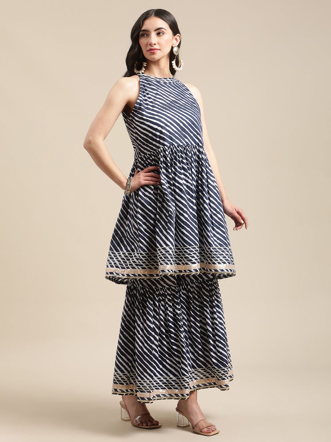 Women's Blue And White Leheriya Halter Neckline Gota Work Kurta With Sharara And Sequins Emebllished Dupatta - Varanga