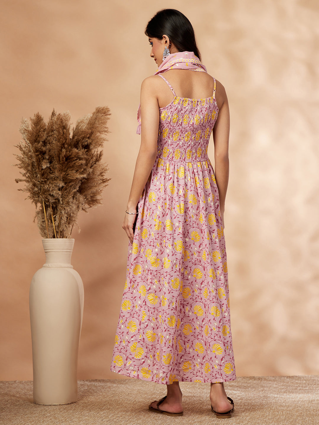 Women's Floral Print Pink Sleeveless Gathered Dress - IMARA
