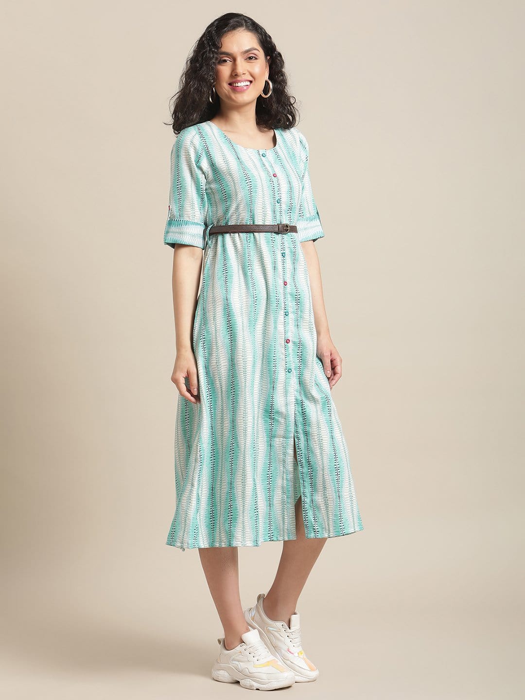 Women's Off-White And Blue Abstract Printed Panelled Kurta With Loops And Leather Belt - Varanga