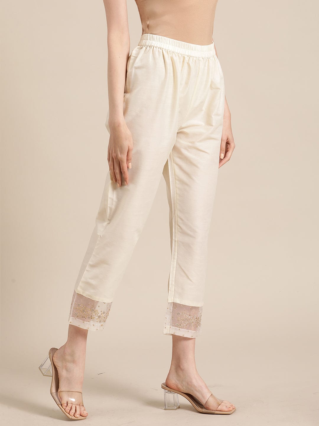 Women's Off White Silk & Organza Zari Embellished Trousers - Varanga
