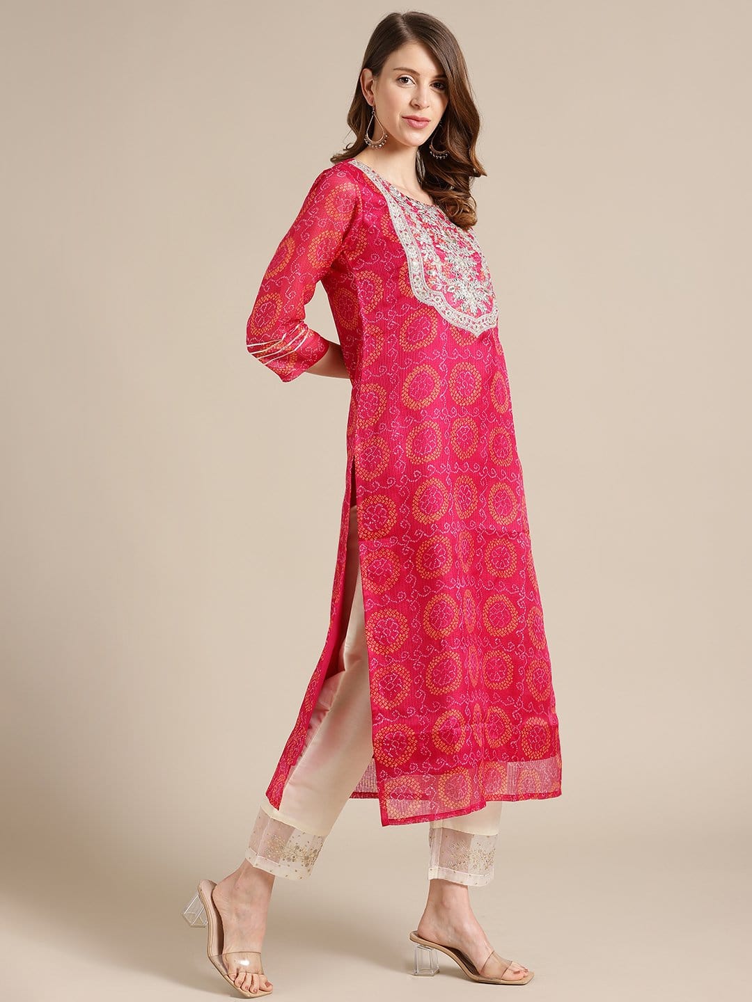 Women's KSUT Pink Bandhej Kurta With Zari Embellished Yoke Embroidery And 3/4Th Sleeves - Varanga