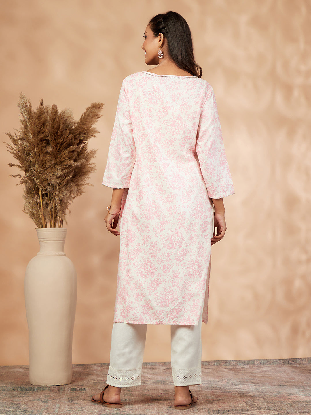 Women's Pink Floral Print Straight Kurta - IMARA