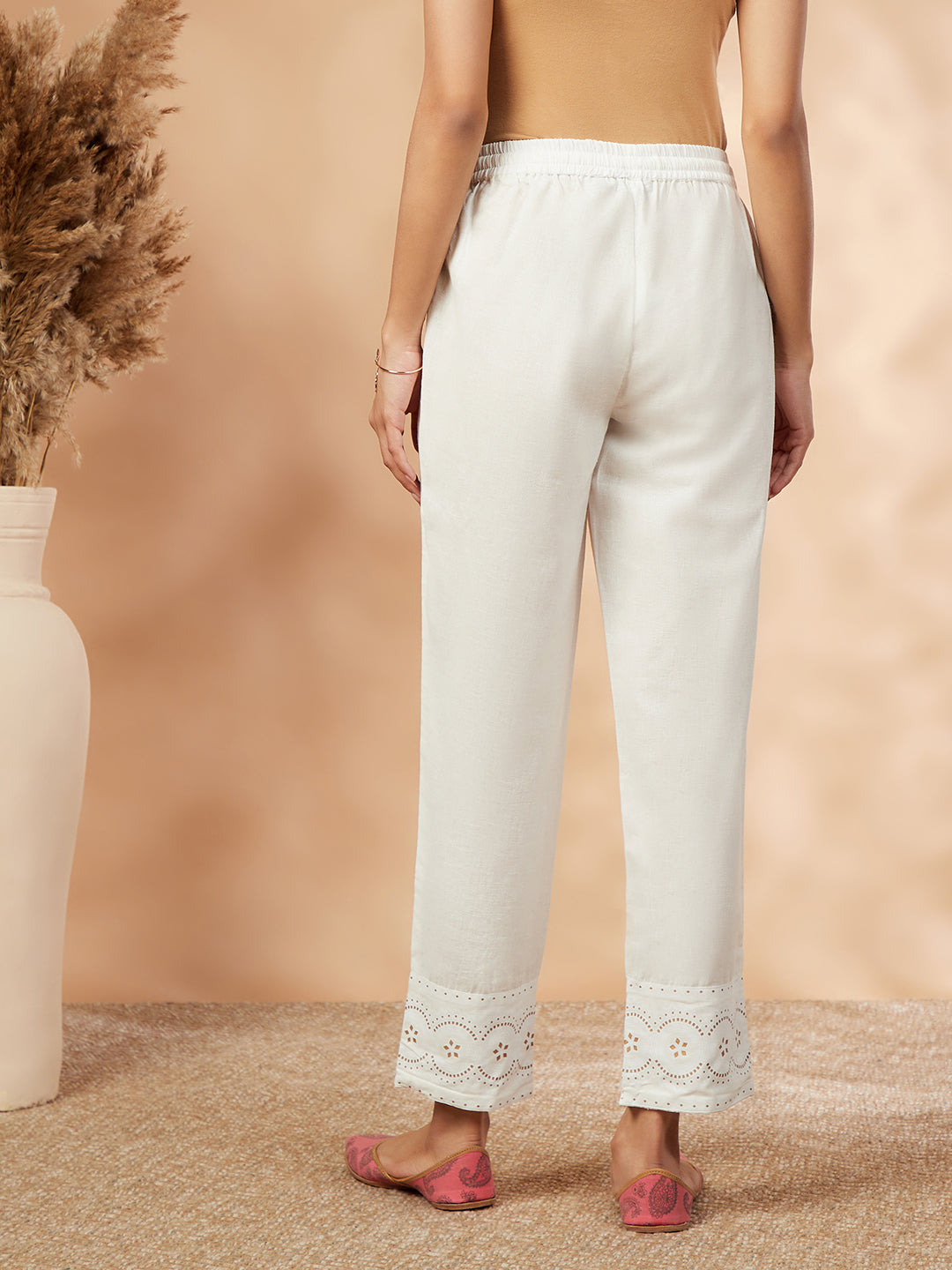 Women's Solid Off-White Straight Pants - IMARA