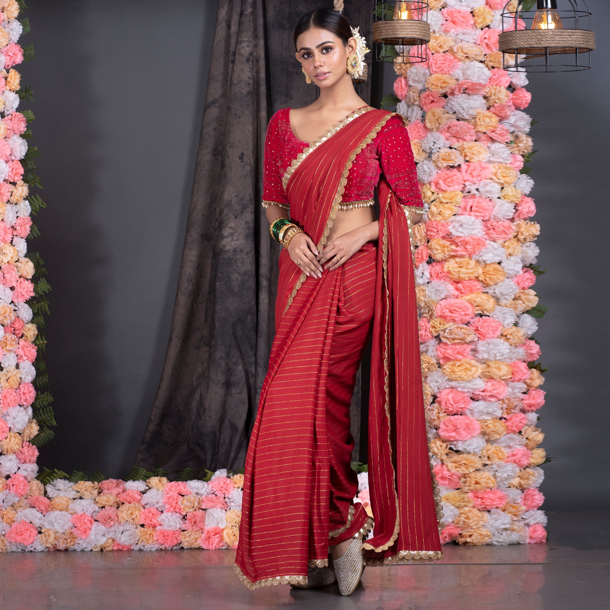 Women's Maroon Georgette Saree With Lurex Gold Stripes And Scallop Embroidered Border - Boveee