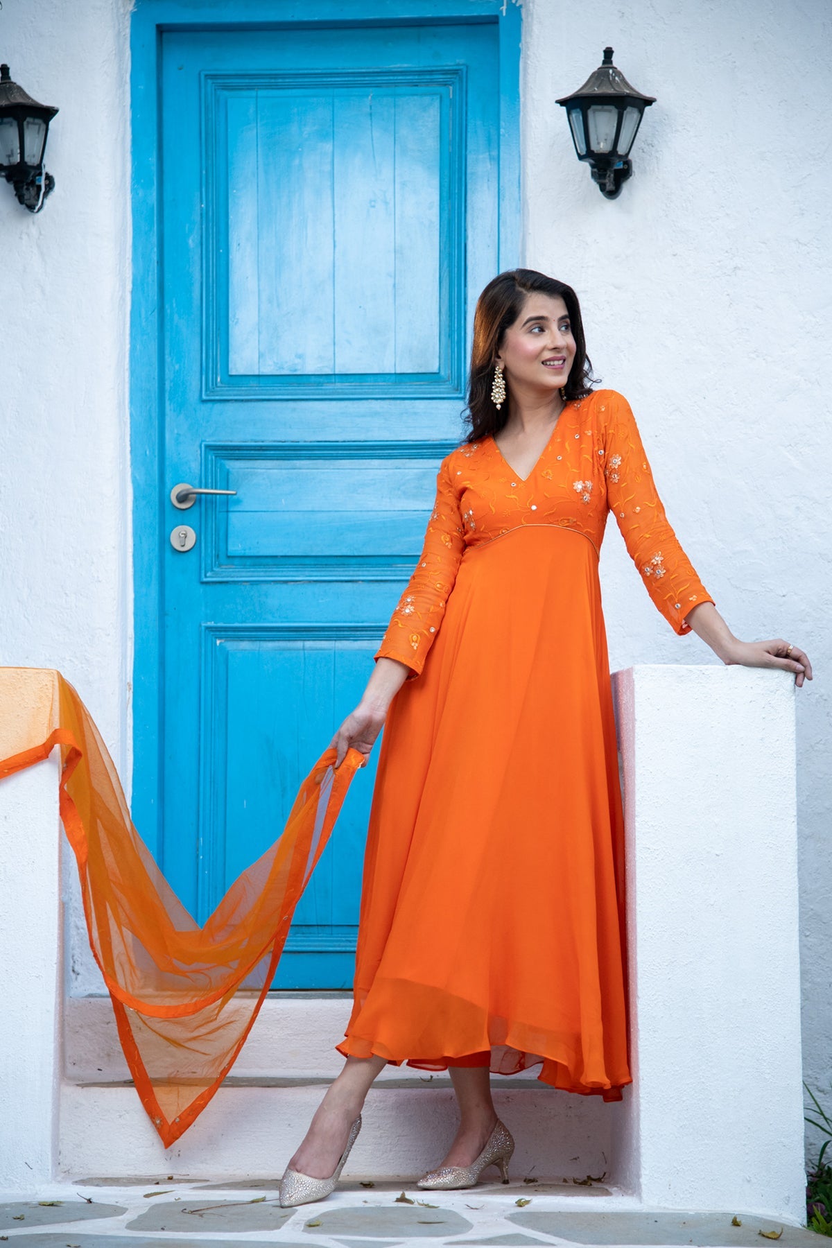 Women's Orange Anarkali Set - Label Shaurya Sanadhya