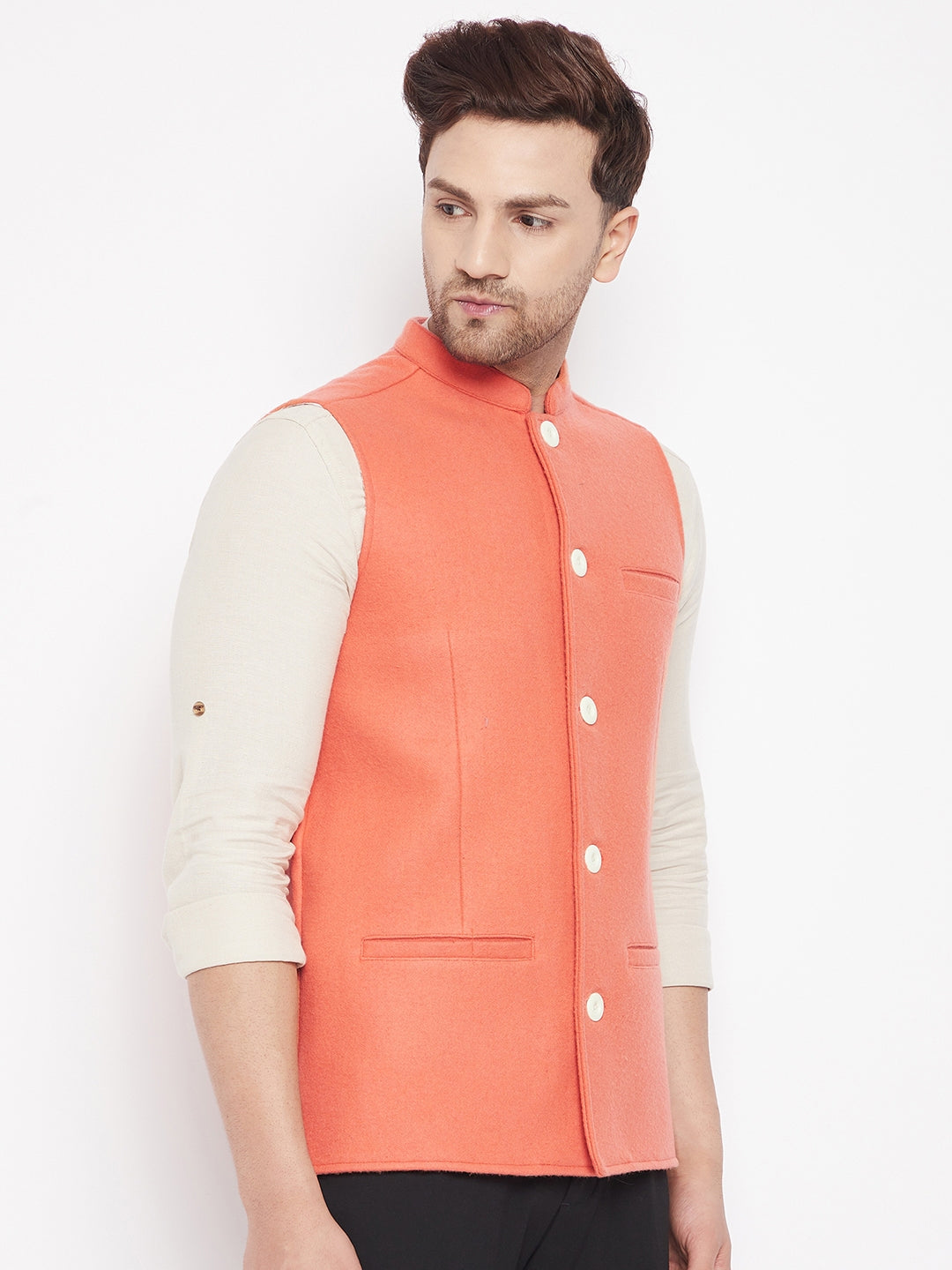 Men's Orange Color Woven Nehru Jacket - Even Apparels