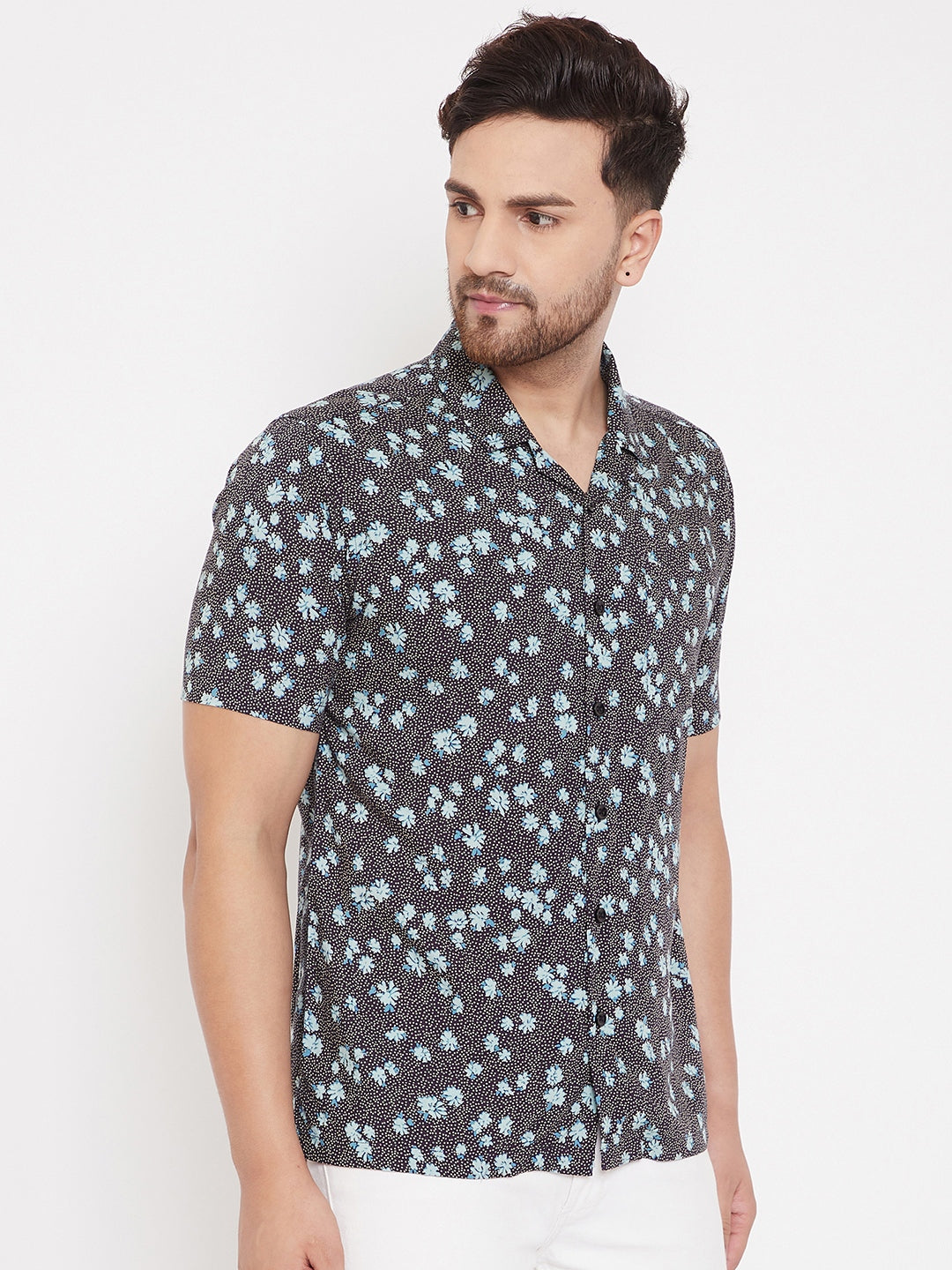 Men's Black & Aqua Floral Cuban Collar Shirt