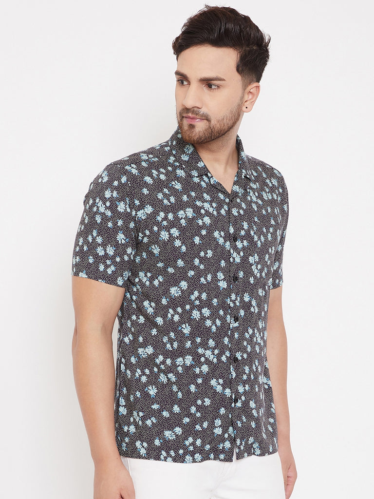 Men's Black & Aqua Floral Cuban Collar Shirt