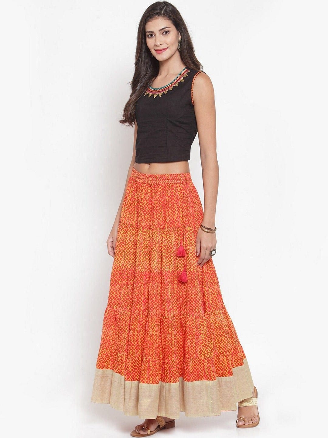 Women's KSUT Orange & Beige Printed Pure Cotton Flared Tiered Maxi Skirt - Varanga