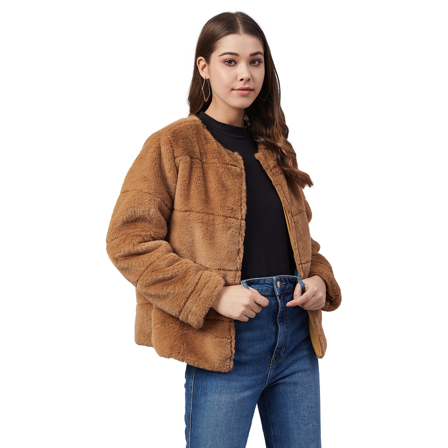 Women's Brown Faux Fur Open Jacket - StyleStone