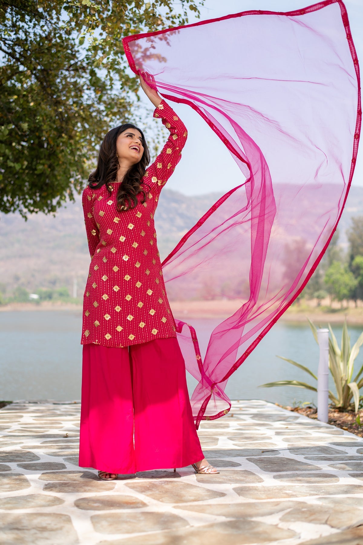 Women's Hot Pink Sequin Kurta Palazzo Set - Label Shaurya Sanadhya