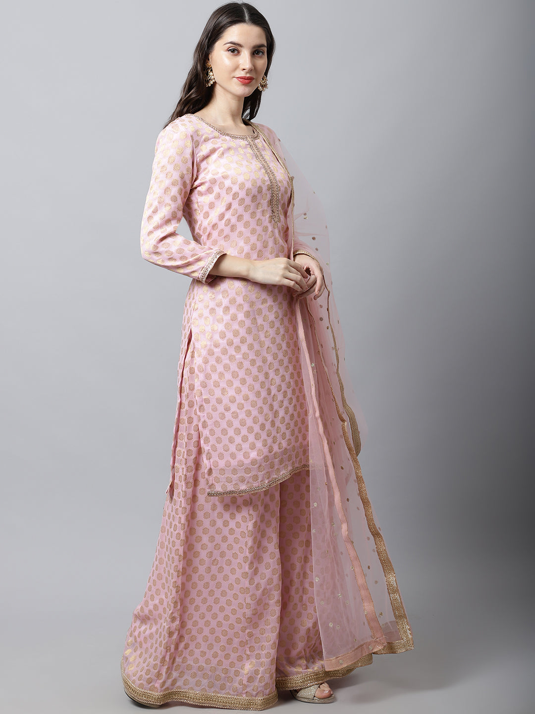Women's Baby Pink Straight Banarasi Kurti With Flared Palazzo And Dupatta