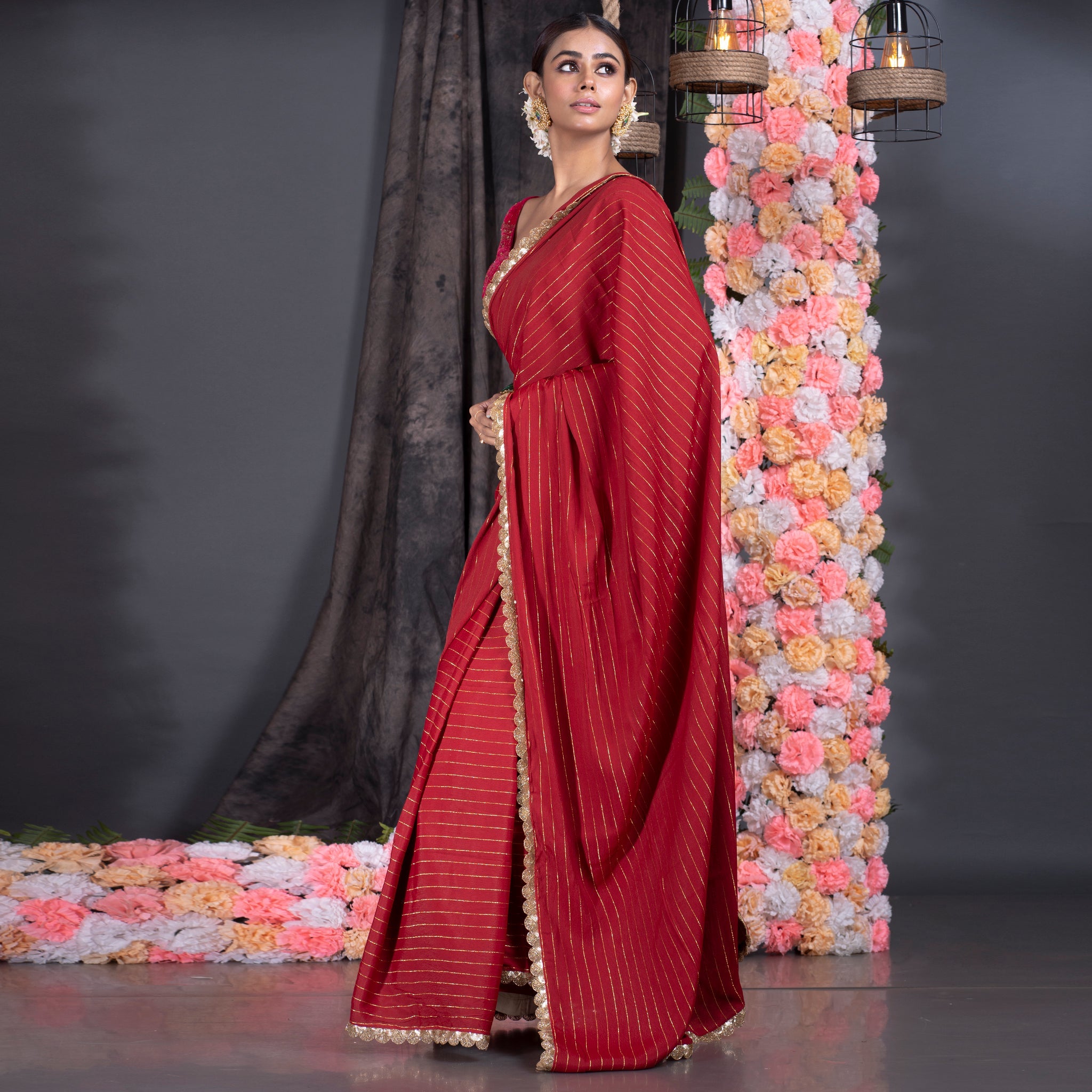 Women's Maroon Georgette Saree With Lurex Gold Stripes And Scallop Embroidered Border - Boveee