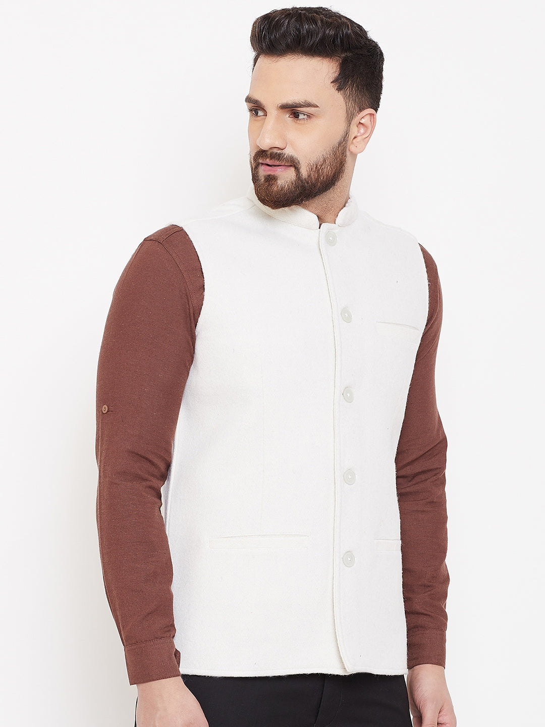 Men's White Wool Nehru Jacket  - Even Apparels