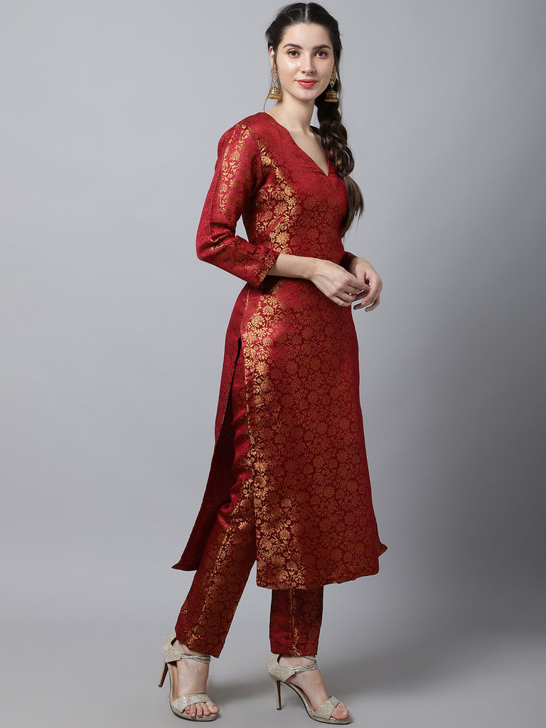 Women's Maroon Brocade Straight Kurti With Straight Pants