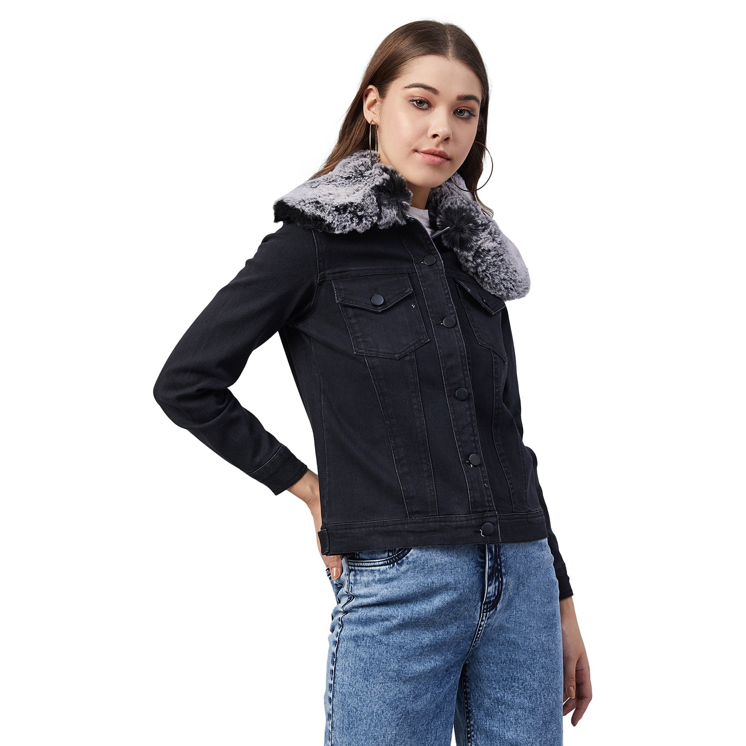 Women's Black Denim Jacket with Detachable Grey Collar - StyleStone