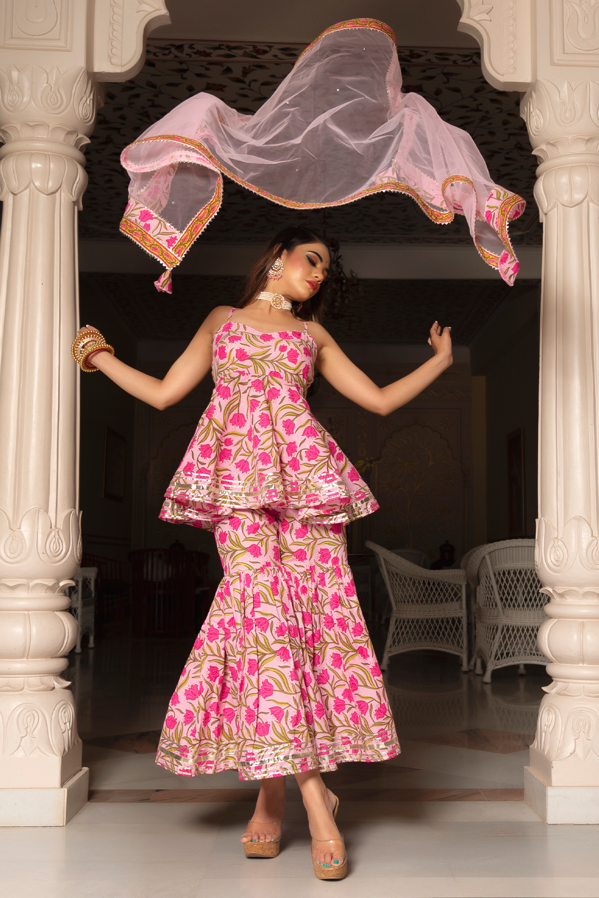 Women's pink cotton hand block sharara set - Pomcha Jaipur