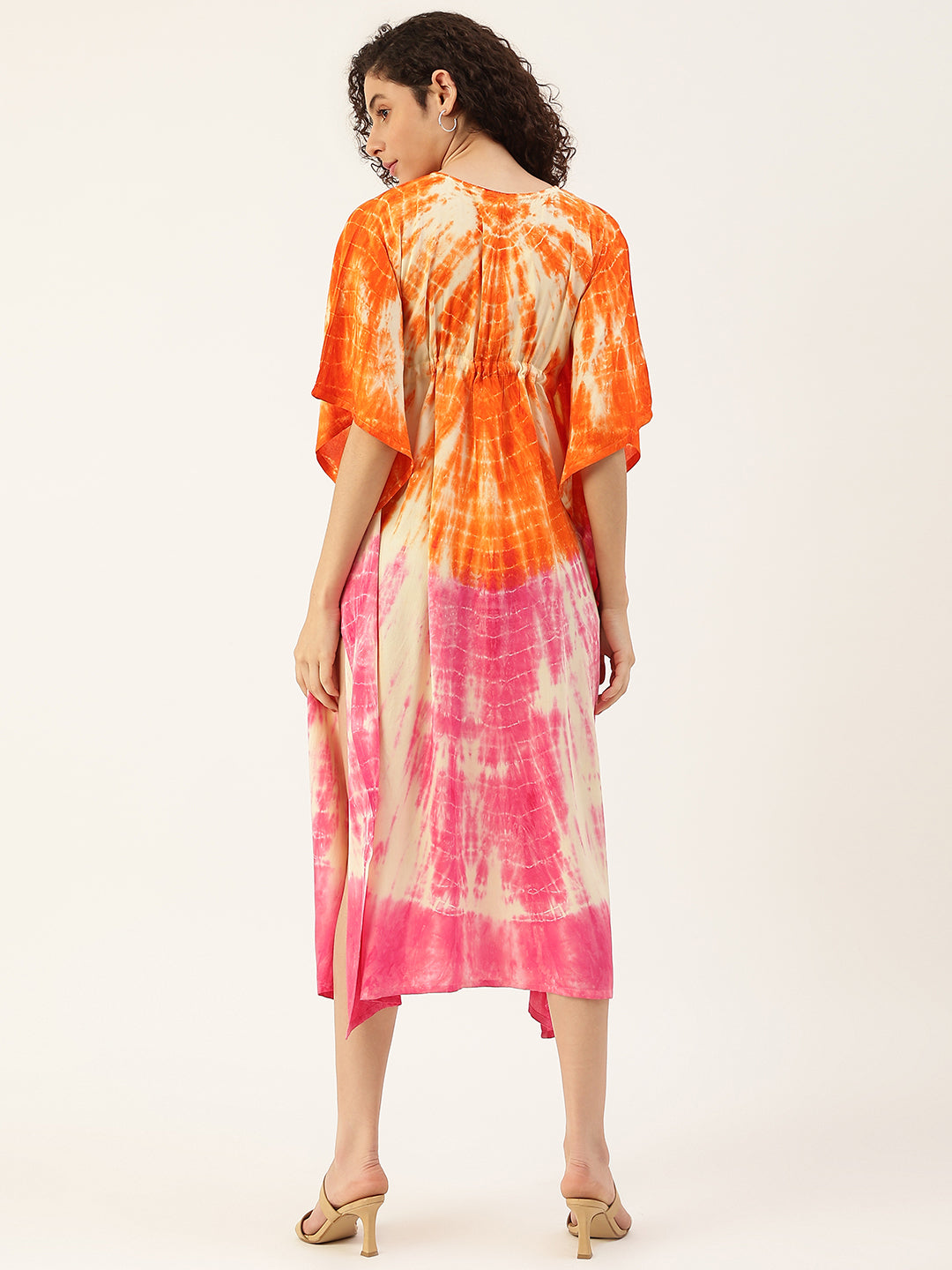 Women's Pink-orange Tie-Dye Rayon Kaftan Dress - Maaesa