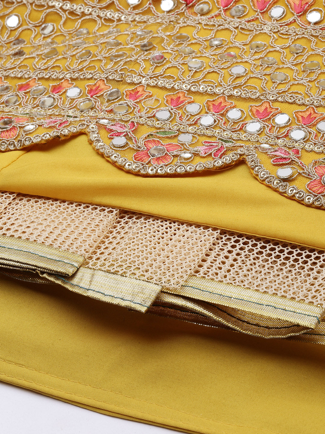 Women's Mustard Colour Net With Miror Work Fully Stitched Lehenga & Blouse With Dupatta - Royal Dwells