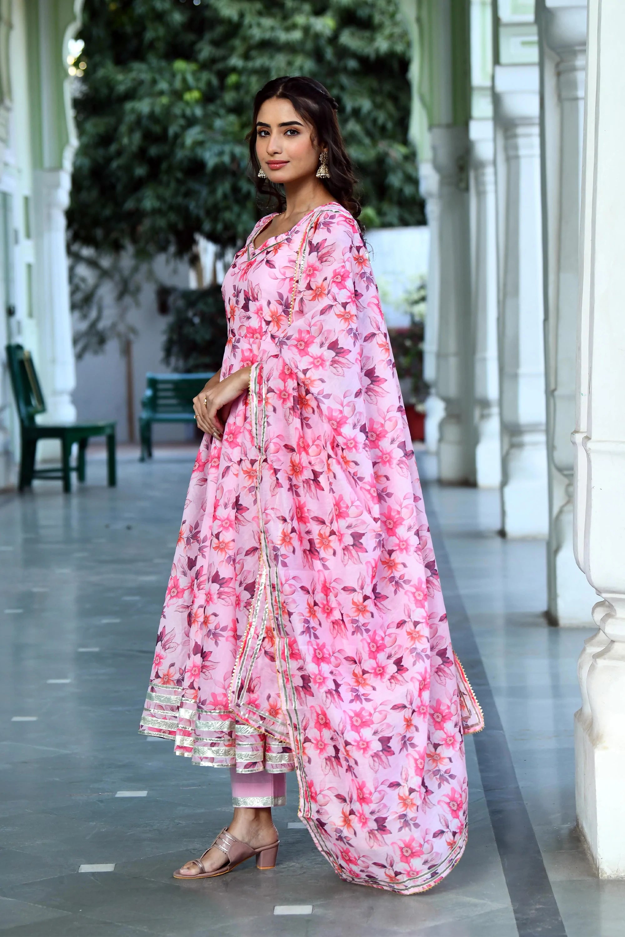 Women's Pink Floral Anarkali Suit Set - Saras The Label -3Pc Set