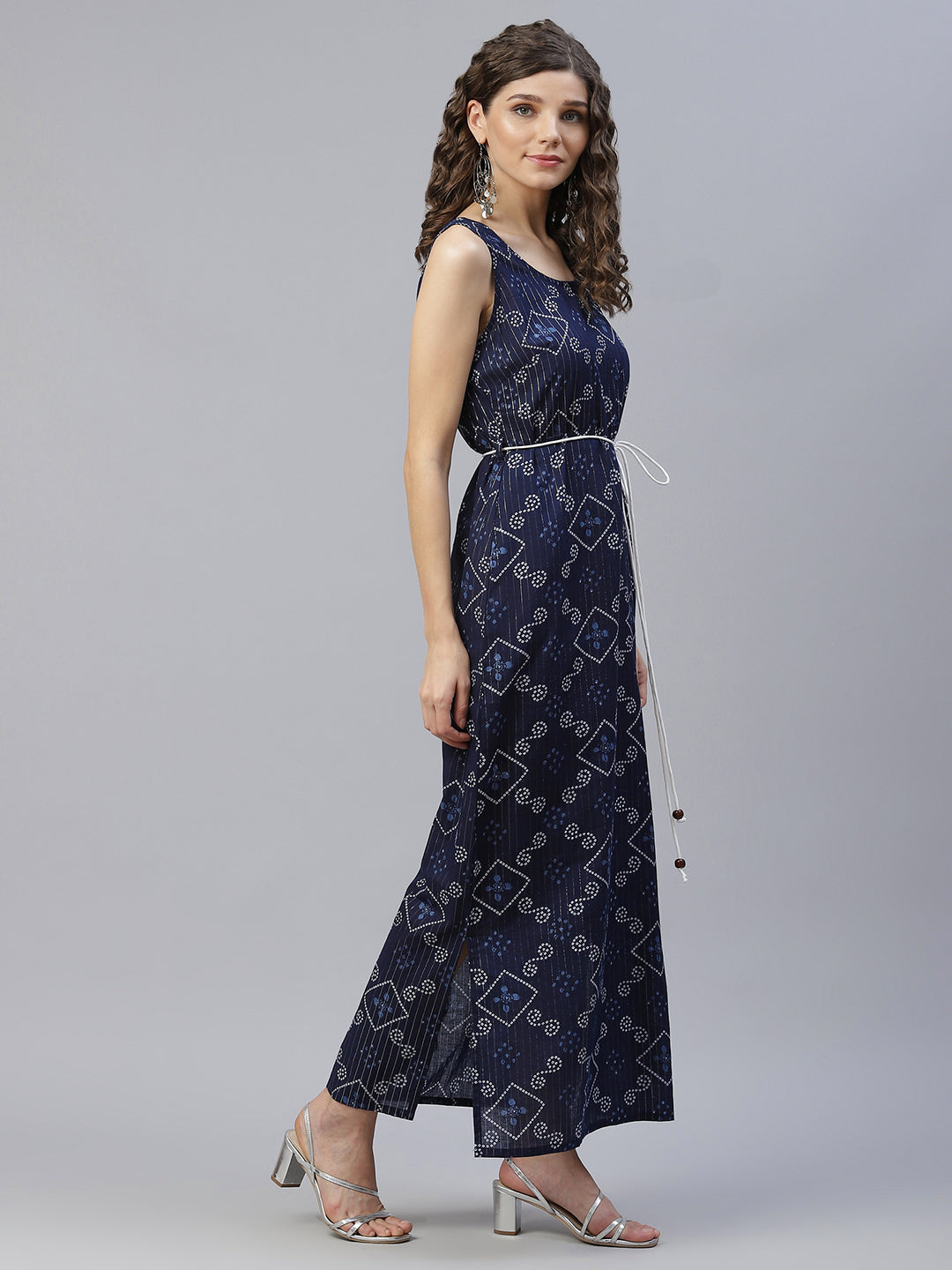 Women's Navy Blue Bandhani Print Maxi Dress - Aks