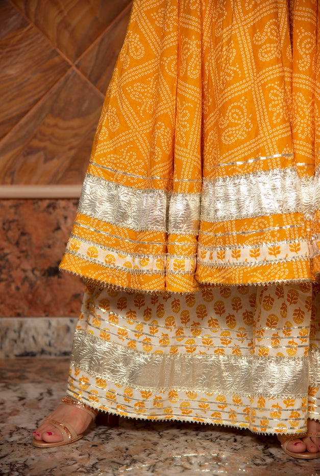 Women's Yellow Leaf Cotton Anarkali Plazo Set - Pomcha Jaipur
