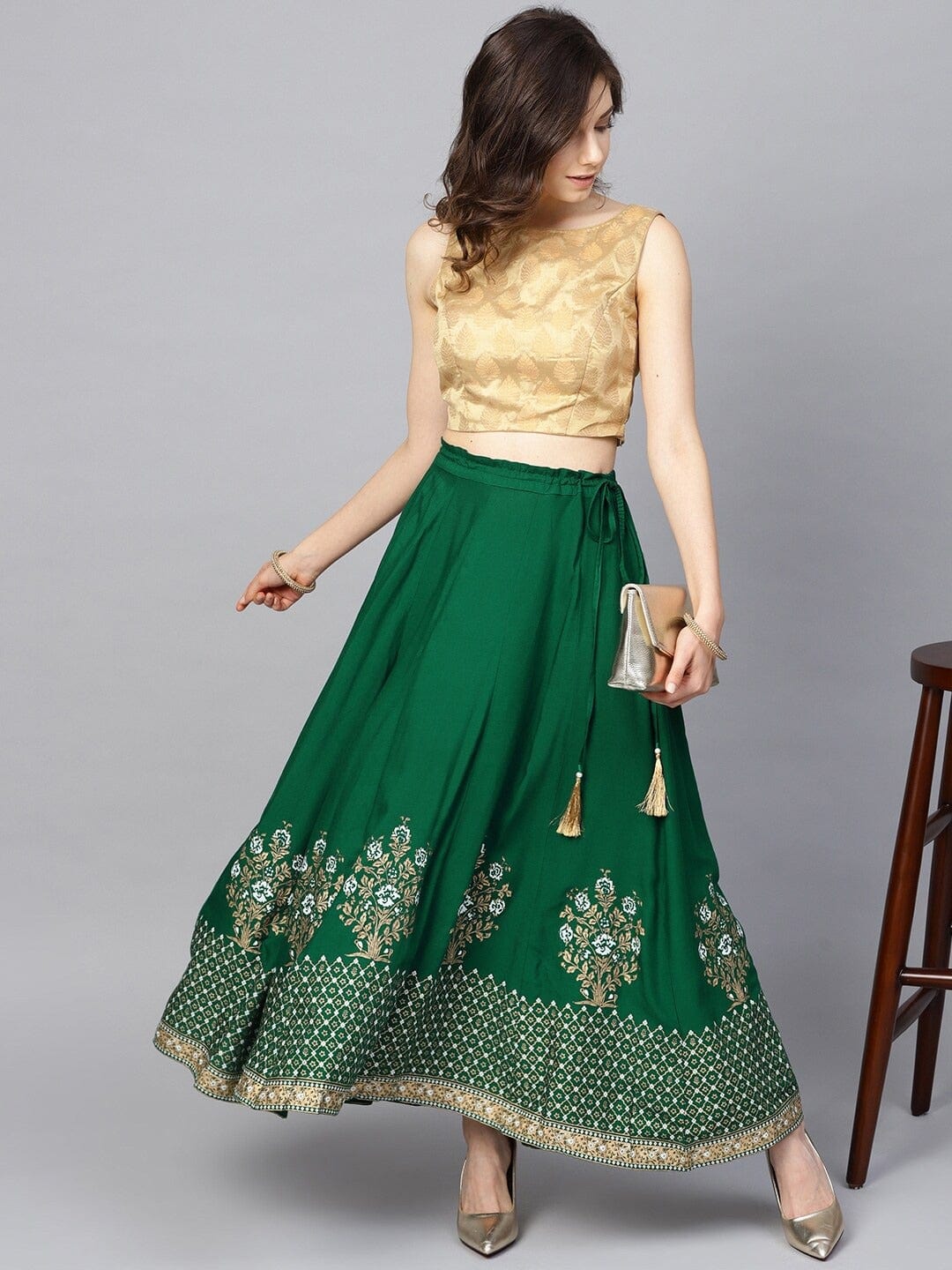 Women's KSUT Green & Gold-Coloured Printed Flared Maxi Skirt - Varanga