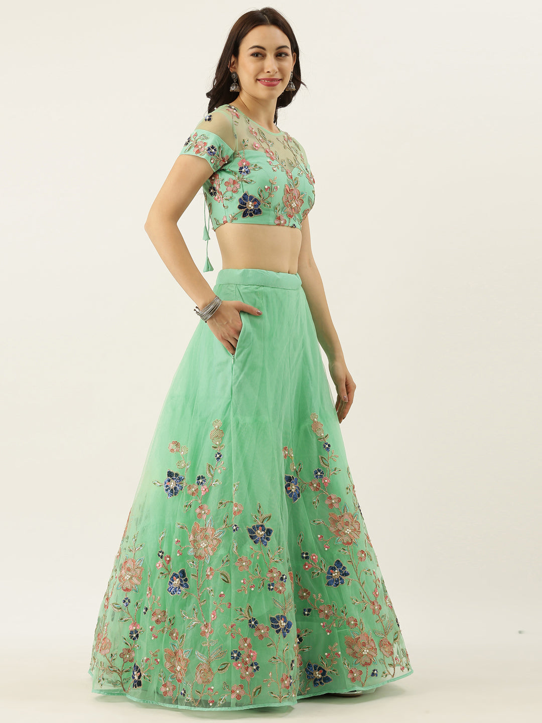 Women's Turquoise Blue - Embroidered Blue Coloured Round Sequin Fully-Stitched Lehenga - Royal Dwells