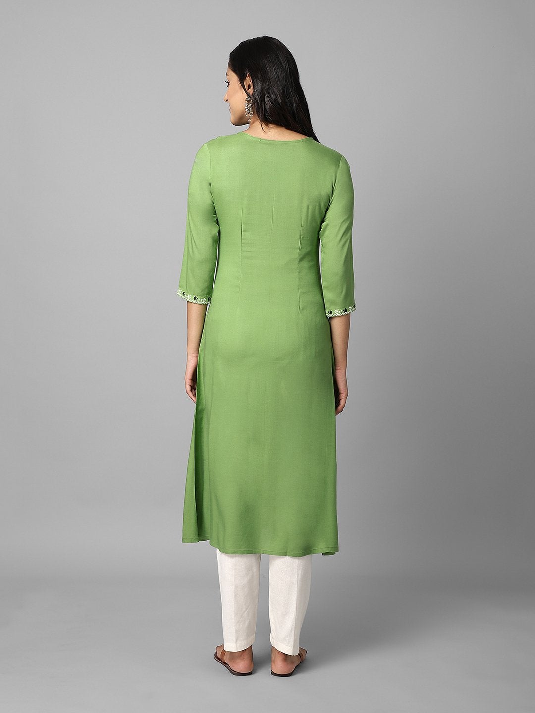 Women's Solid Green Embroidered A-Line Kurta - Azira