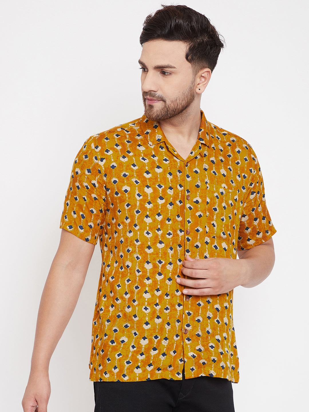 Men's Mustard Cuban Collar Shirt